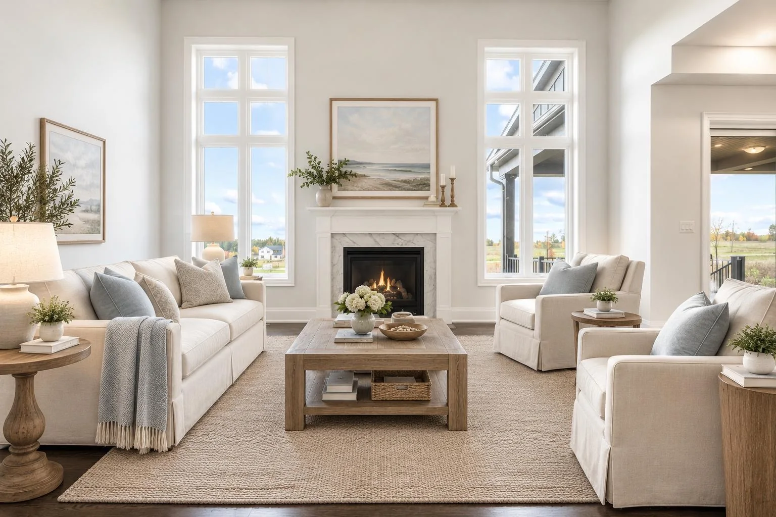 53 Holly Lane virtually staged living room with fireplace and seating