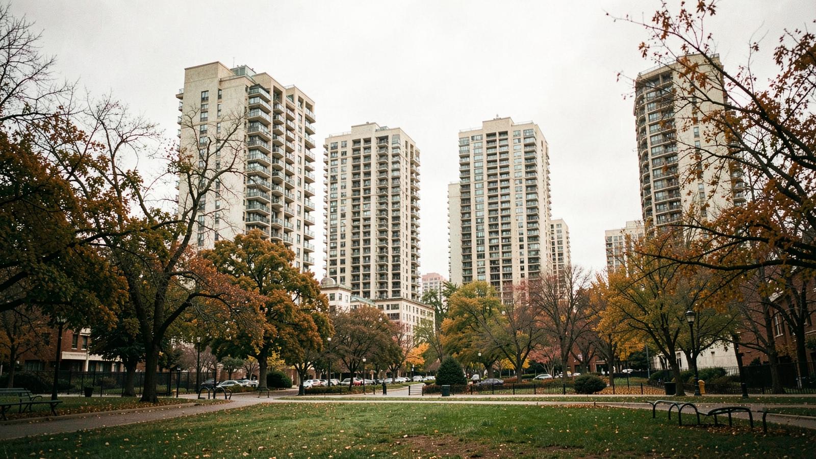 Condo towers seen from a quiet residential park in the GTA