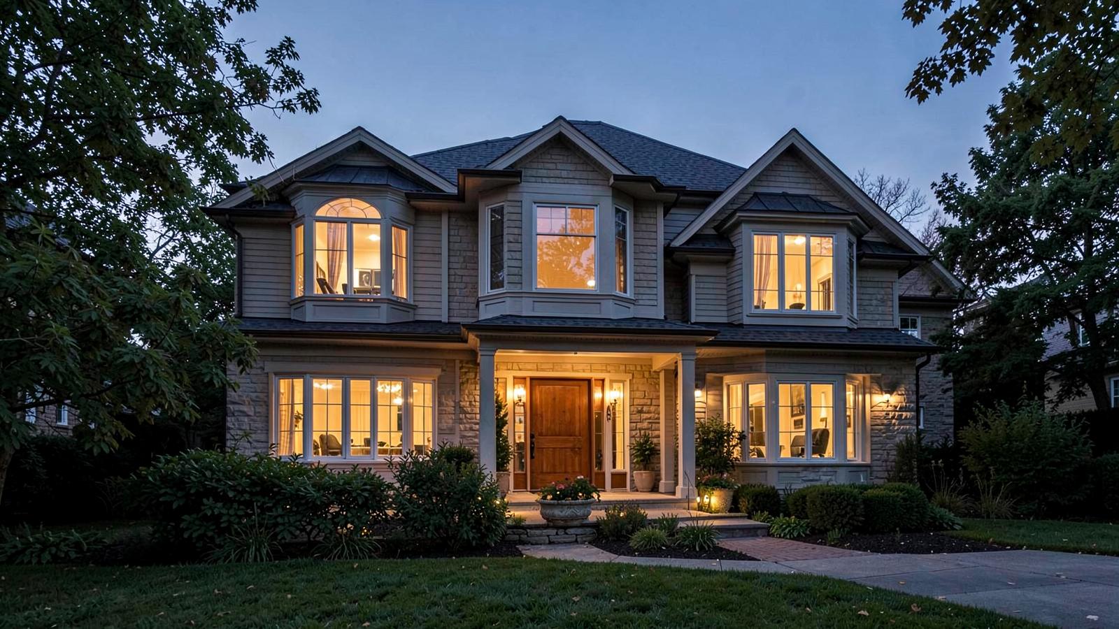 Detached home in a leafy Ontario suburb at dusk with warm interior lights