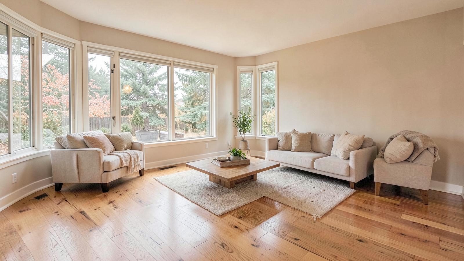 Bright living room with hardwood floors and large windows
