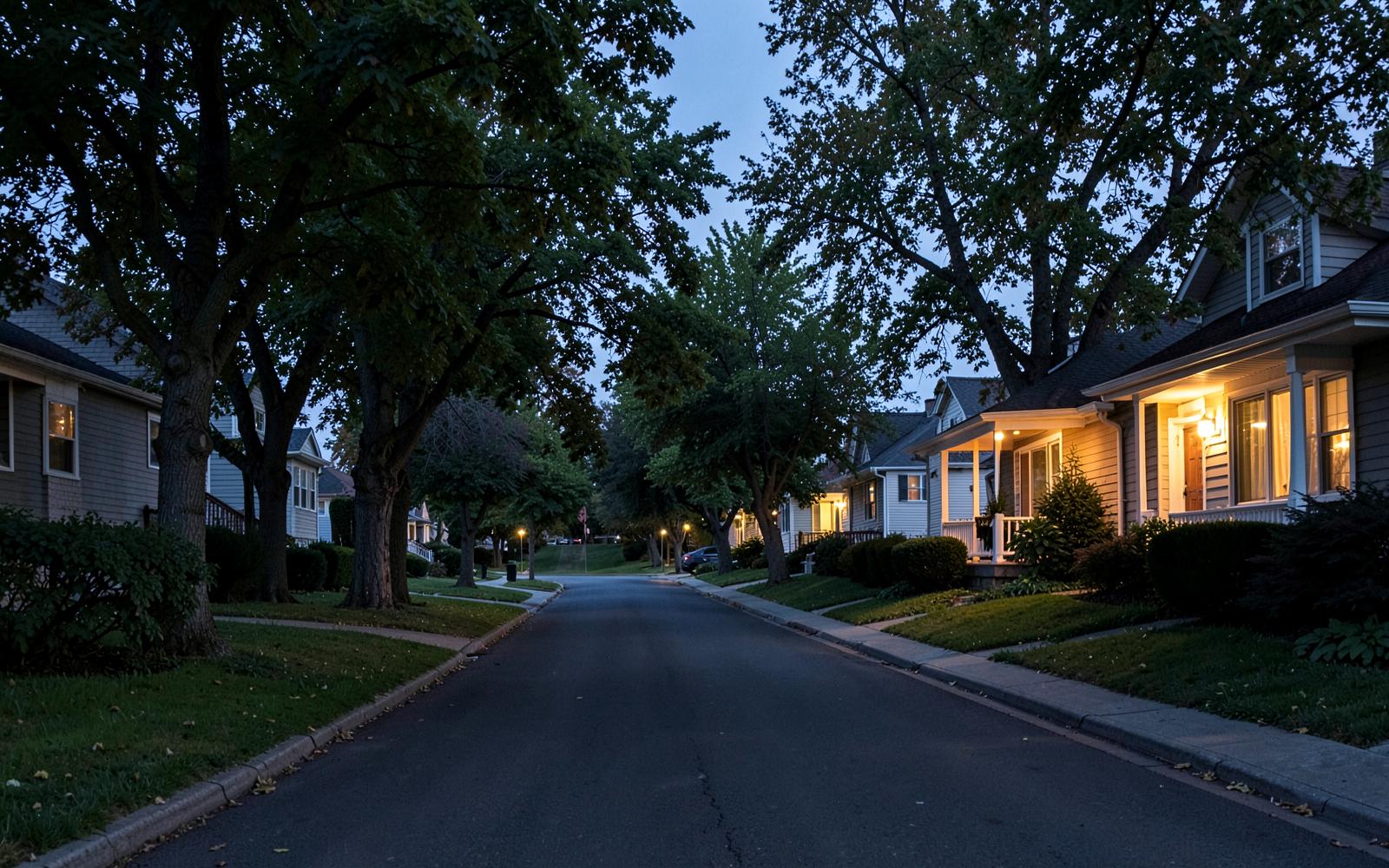 Tree-lined street of semi-detached homes at dusk with warm porch lights