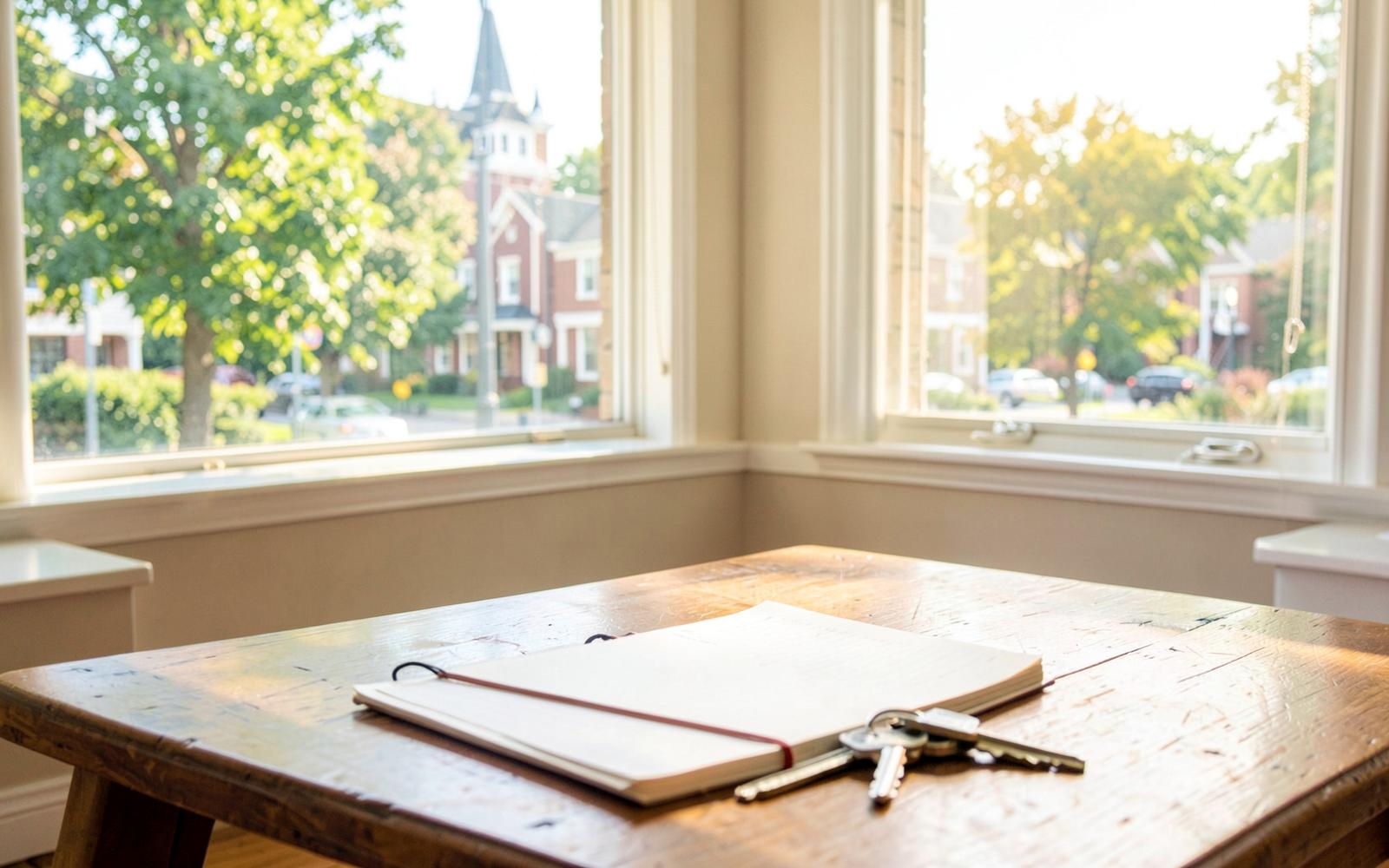 Notebook and house keys on a wooden table by a window overlooking a leafy neighbourhood