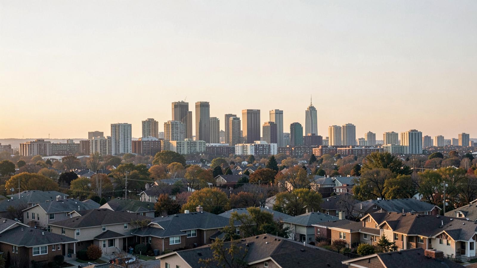 GTA skyline at morning light with residential rooftops in the foreground