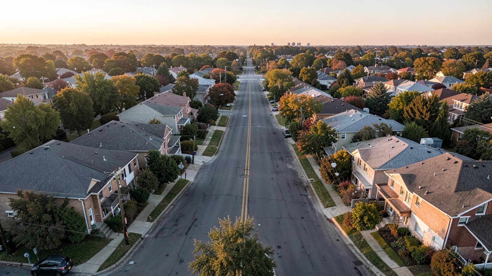 Aerial view of a GTA suburban street at golden hour with two sides diverging